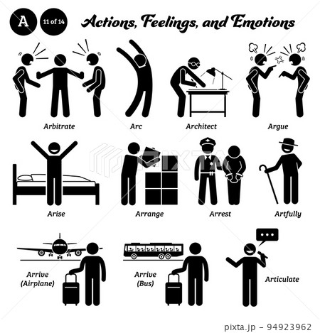 Stick figure human people man action, feelings, and emotions icons starting with alphabet A. Arbitrate, arc, architect, argue, arise, arrange, arrest, artfully, arrive airplane bus, and articulate.  94923962