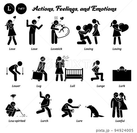 Stick figure human people man action, feelings, and emotions icons alphabet L. Love, lovesick, loving, lower, lug, lull, lunge, lurk, low-spirited, lurch, lure, and lustful. 94924005