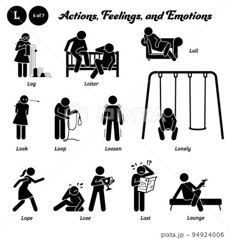 Stick figure human people man action, feelings, and emotions icons alphabet L. Log, loiter, loll, look, loop, loosen, lonely, lope, lose, lost, and lounge. 94924006