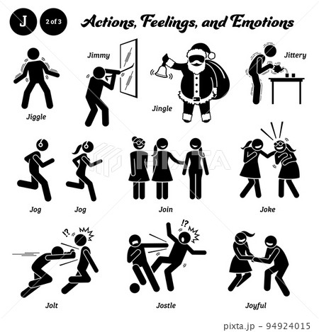 Stick figure human people man action, feelings, and emotions icons alphabet J. Jiggle, jimmy, jingle, jittery, jog, jogging, join, joke, jolt, jostle, and joyful. 94924015