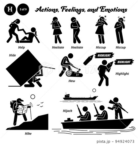 Stick figure human people man action, feelings, and emotions icons alphabet H. Help, hesitate, hiccup, hide, hew, highlight, hike, and hijack. 94924073