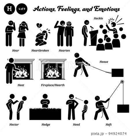 Stick figure human people man action, feelings, and emotions icons alphabet H. Hear, heartbroken, hearten, heckle, heat, fireplace, hearth, heave, hector, hedge, heed, and heft.  94924074