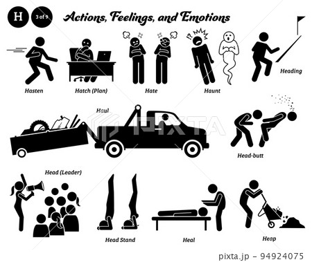 Stick figure human people man action, feelings, and emotions icons alphabet H. Hasten, hatch plan, hate, haunt, heading, haul, head-butt, head leader, head stand, heal, and heap. Stick figure human people man action, feelings, and emotions icons alphabet H. Hasten, hatch plan, hate, haunt, heading, haul, head-butt, head leader, head stand, heal, and heap. 94924075