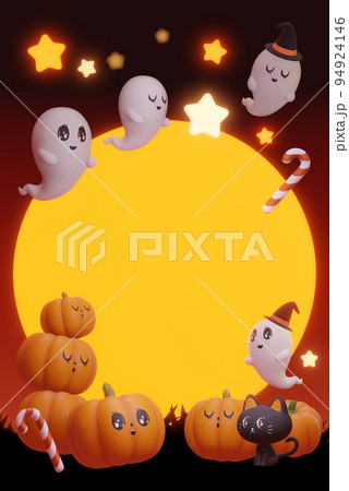 HALLOWEEN_かわいい_3Dハロウィン_満月に飛び回る、かぼちゃ＆お化け 94924146