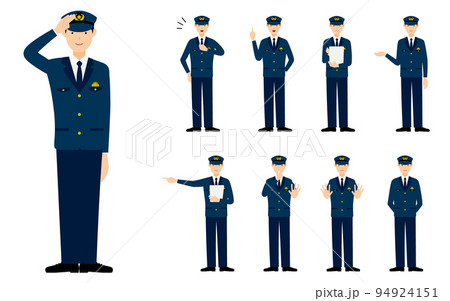 若い男性警官のポーズセット9点、敬礼や制止、取り締まりなど 94924151