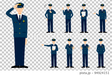 若い男性警官のポーズセット9点、敬礼や制止、取り締まりなど 94924151