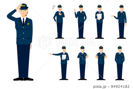 シニア女性警官のポーズセット9点、敬礼や制止、取り締まりなど 94924182