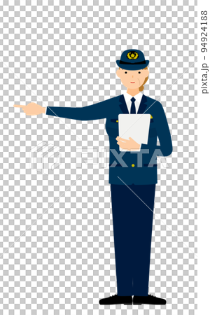 シニア女性警官のポーズ、クリップボードをもって指をさす 94924188