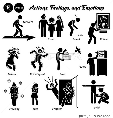 Stick figure human people man action, feelings, and emotions icons alphabet F. Forward, foster, found, frame, frantic, freaking out, free, freeze, freezing, fret, frighten, and frisk. Stick figure human people man action, feelings, and emotions icons alphabet F. Forward, foster, found, frame, frantic, freaking out, free, freeze, freezing, fret, frighten, and frisk. 94924222