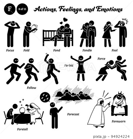 Stick figure human people man action, feelings, and emotions icons alphabet F. Focus, fold, fond, fondle, fool, follow, forbid, force, foretell, forecast, and forewarn. Stick figure human people man action, feelings, and emotions icons alphabet F. Focus, fold, fond, fondle, fool, follow, forbid, force, foretell, forecast, and forewarn. 94924224