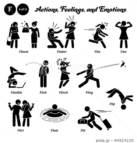 Stick figure human people man action, feelings, and emotions icons alphabet F. Flaunt, flatter, flee, flex, flexible, flick, flinch, fling, flirt, float, flit, and flip. Stick figure human people man action, feelings, and emotions icons alphabet F. Flaunt, flatter, flee, flex, flexible, flick, flinch, fling, flirt, float, flit, and flip. 94924226