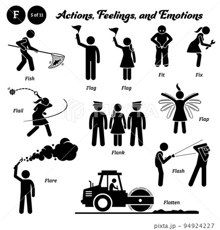 Stick figure human people man action, feelings, and emotions icons alphabet F. Fidget, fight, file, fill, film, filter, finance, finalize, find, fine tune, finger, finish, and fire.  94924227