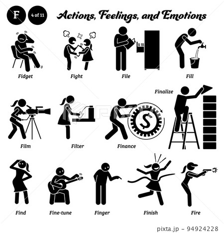 Stick figure human people man action, feelings, and emotions icons alphabet F. Fidget, fight, file, fill, film, filter, finance, finalize, find, fine tune, finger, finish, and fire.  94924228