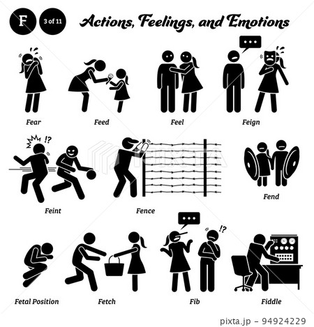 Stick figure human people man action, feelings, and emotions icons alphabet F. Fear, feed, feel, feign, feint, fence, fend, fetal position, fetch, fib, and fiddle.  94924229