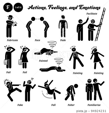 Stick figure human people man action, feelings, and emotions icons alphabet F. Fabricate, face, fade, facilitate, fail, fainted, fainting, fake, fall, falter, and familiarize. Stick figure human people man action, feelings, and emotions icons alphabet F. Fabricate, face, fade, facilitate, fail, fainted, fainting, fake, fall, falter, and familiarize. 94924231