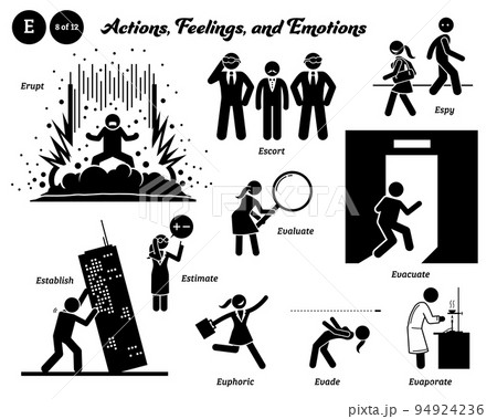 Stick figure human people man action, feelings, and emotions icons alphabet E. Erupt, escort, espy, evaluate, establish, estimate, euphoric, evade, and evaporate. Stick figure human people man action, feelings, and emotions icons alphabet E. Erupt, escort, espy, evaluate, establish, estimate, euphoric, evade, and evaporate. 94924236