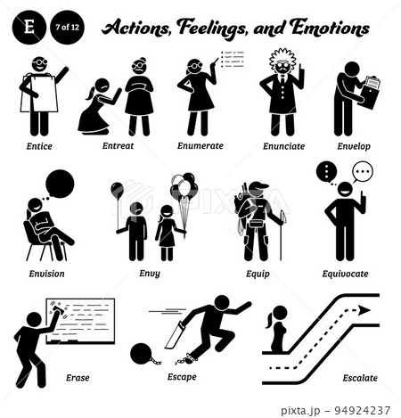 Stick figure human people man action, feelings, and emotions icons alphabet E. Entice, entreat, enumerate, enunciate, envelop, envision, envy, equip, equivocate, erase, escape, and escalate. Stick figure human people man action, feelings, and emotions icons alphabet E. Entice, entreat, enumerate, enunciate, envelop, envision, envy, equip, equivocate, erase, escape, and escalate. 94924237