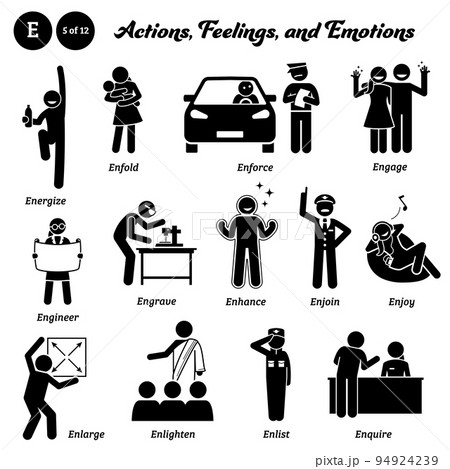 Stick figure human people man action, feelings, and emotions icons alphabet E. Energize, enfold, enforce, engage, engineer, engrave, enhance, enjoin, enjoy, enlarge, enlighten, enlist, and enquire. Stick figure human people man action, feelings, and emotions icons alphabet E. Energize, enfold, enforce, engage, engineer, engrave, enhance, enjoin, enjoy, enlarge, enlighten, enlist, and enquire. 94924239