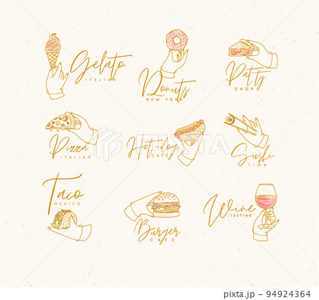 Renaissance hands with food labels and lettering beige 94924364