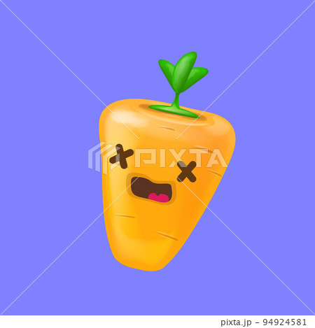 Cute smiling carrot isolated on violet background. Funky Emoji carrot. Smile vegetable sticker with emotions. 94924581