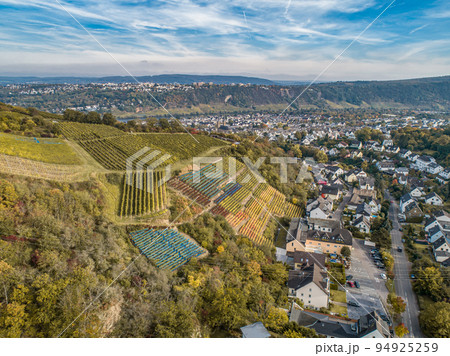 Aerial view Famous German Wine Region Moselle River Lay and Guels village Autumn Fall colors 94925259