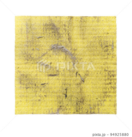 Old and dirty sponge cloth for cleaning on a white background. Isolated. Kitchen wipe cloth. Cellulose sponges. Yellow color. Top view. Old and dirty sponge cloth for cleaning on a white background. Isolated. Kitchen wipe cloth. Cellulose sponges. Yellow color. Top view. 94925880