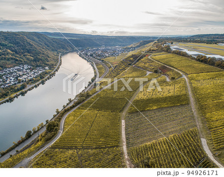 Aerial view Famous German Wine Region Moselle River Lay and Guels village Autumn Fall colors 94926171