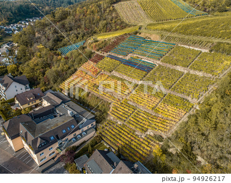 Aerial view Famous German Wine Region Moselle River Lay and Guels village Autumn Fall colors 94926217