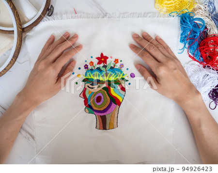 hand embroidery craft hobby human head brain mind health mental lotus spiritual art therapy conscious feel inspiring healing chakra body illustration design pattern textile handicraft selected focus hand embroidery craft hobby human head brain mind health mental lotus spiritual art therapy conscious feel inspiring healing chakra body illustration design pattern textile handicraft selected focus 94926423