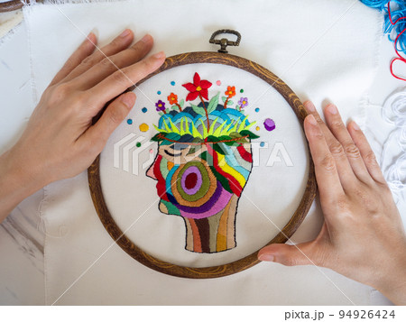 hand embroidery craft hobby human head brain mind health mental lotus spiritual art therapy conscious feel inspiring healing chakra body illustration design pattern textile handicraft selected focus 94926424