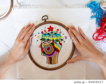 hand embroidery craft hobby human head brain mind health mental lotus spiritual art therapy conscious feel inspiring healing chakra body illustration design pattern textile handicraft selected focus hand embroidery craft hobby human head brain mind health mental lotus spiritual art therapy conscious feel inspiring healing chakra body illustration design pattern textile handicraft selected focus 94926427