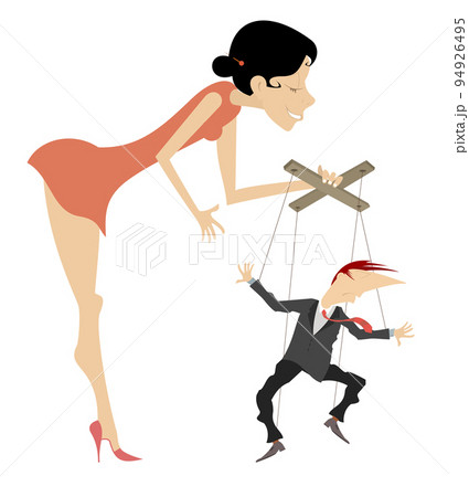 Woman and puppet man concept.  Young woman master controls man like puppet by cords. Isolated on white illustration 94926495