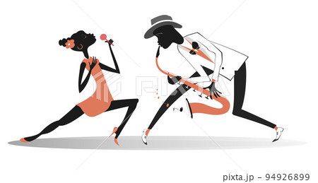 Illustration of African saxophonist man and African singer woman. African man plays saxophone and African singer woman sings to microphone with great inspiration 94926899