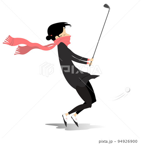 Bad weather. Golfer woman on the golf course illustration.  Strong wind. Young golfer woman with a golf club tries to do a good shot 94926900