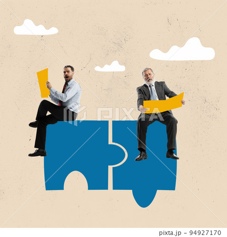 Partnership working together for success, friendship or connection to help solve problem, teamwork or unity to cooperate and overcome challenge, businessmen as partners connect jigsaw puzzle. Partnership working together for success, friendship or connection to help solve problem, teamwork or unity to cooperate and overcome challenge, businessmen as partners connect jigsaw puzzle. 94927170