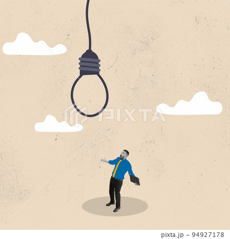 Creative art design. Concept of business risk or challenge, mistake or failure, bad and stupid idea or self sabotage. Doubtful businessman looking at lightbulb as bad idea Creative art design. Concept of business risk or challenge, mistake or failure, bad and stupid idea or self sabotage. Doubtful businessman looking at lightbulb as bad idea 94927178