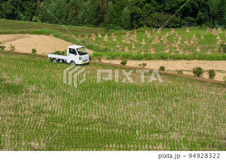 竹之下の穭田風景　稲藁が並ぶ田んぼ 94928322