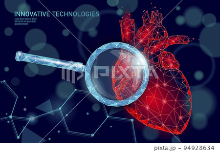 Healthy human heart beats 3d medicine model low poly. Triangle connected dots glow point red background. Pulse internal body modern anatomical shape innovative technology render vector illustration 94928634