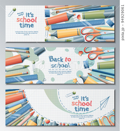 Back to school banner set. Backgrounds with stationery pencils, pen, brush, scissors, paper clips. Back to school banner set. Backgrounds with stationery pencils, pen, brush, scissors, paper clips. 94929061