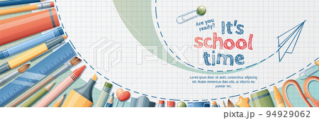 Back to school banner template. Background with stationery pencils, pen, brush, scissors, paper clips. School theme, knowledge day, study Back to school banner template. Background with stationery pencils, pen, brush, scissors, paper clips. School theme, knowledge day, study 94929062