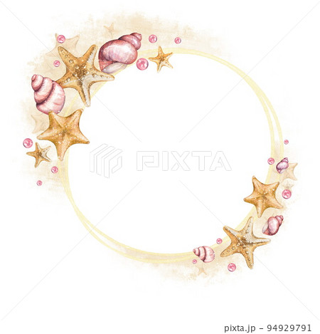 Round gold frame with shells and pearls. Isolated on white 94929791