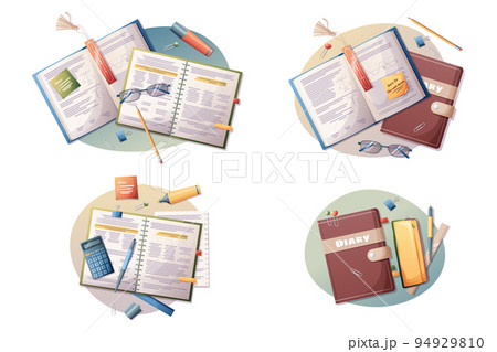 Set of icons with books, textbooks, diaries and stationery. Illustration for school, office, education, study. Vector cartoon illustration. Set of icons with books, textbooks, diaries and stationery. Illustration for school, office, education, study. Vector cartoon illustration. 94929810