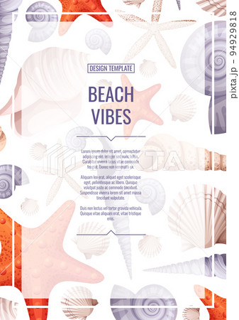 Flyer template with seashells and orange starfish. Banner, flyer, poster A4 size for advertising. Banner, flyer, poster A4 size for advertising 94929818
