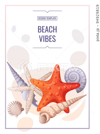 Flyer template with seashells and orange starfish. Banner, flyer, poster A4 size for advertising. 94929819