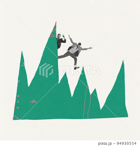 Creative design. Contemporary art collage. Young men climbing on cliff symbolizing unstable money statistics Creative design. Contemporary art collage. Young men climbing on cliff symbolizing unstable money statistics 94930554