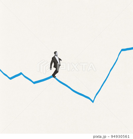 Creative design. Contemporary art collage. Businessman balancing on money graph. Risk. Profitable company strategy 94930561