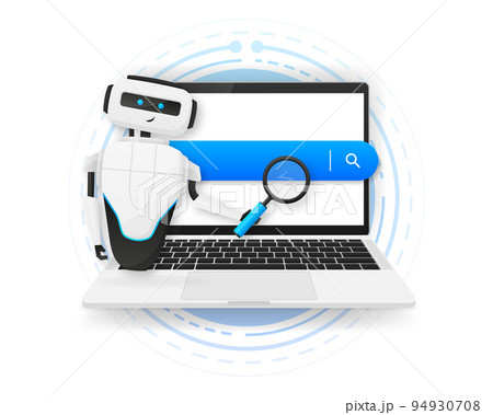 Search information online concept. White robot looking through the magnifying glass. Vector illustration. 94930708