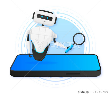 Search information concept. White robot looking through the magnifying glass. Vector illustration. 94930709