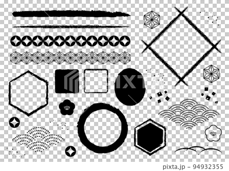 和風　素材　セット　シンプル　白黒　イラスト　ベクター 94932355