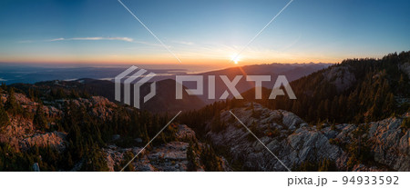 Rocky top of Canadian Mountain Landscape. Sunny Sunset Sky. Top of Mt Seymour 94933592